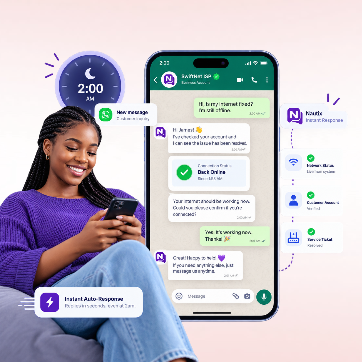 Nautix instant auto-response replying to a customer message in seconds